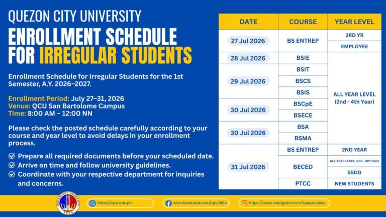QCU Enrollment Schedule for Irregular Students