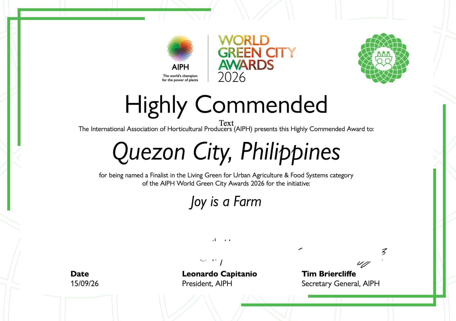 QC’s “Joy is a Farm” Earns International Recognition at AIPH World Green City Awards 2026