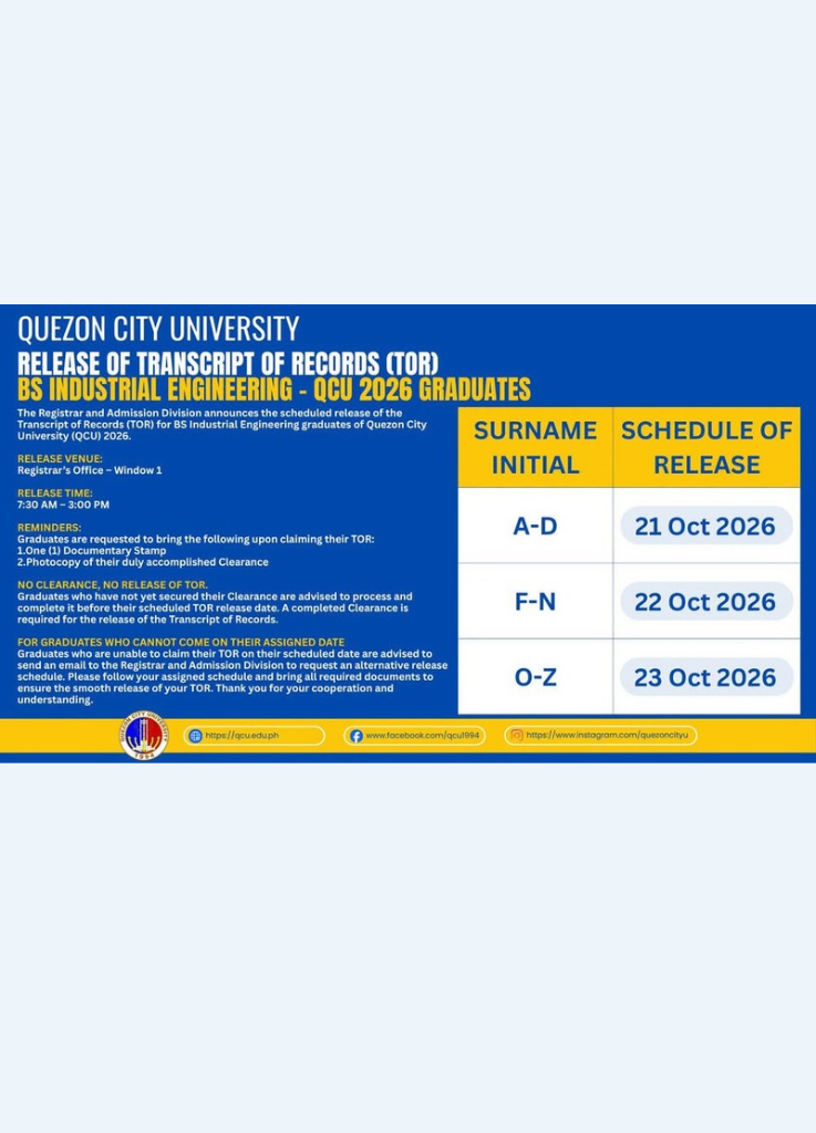 TOR Releasing Schedule for 2026 BS Industrial Engineering Graduates